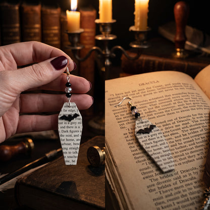 Coffin Book Page Earrings | Gothic Dark Academia Jewelry for Book Lovers