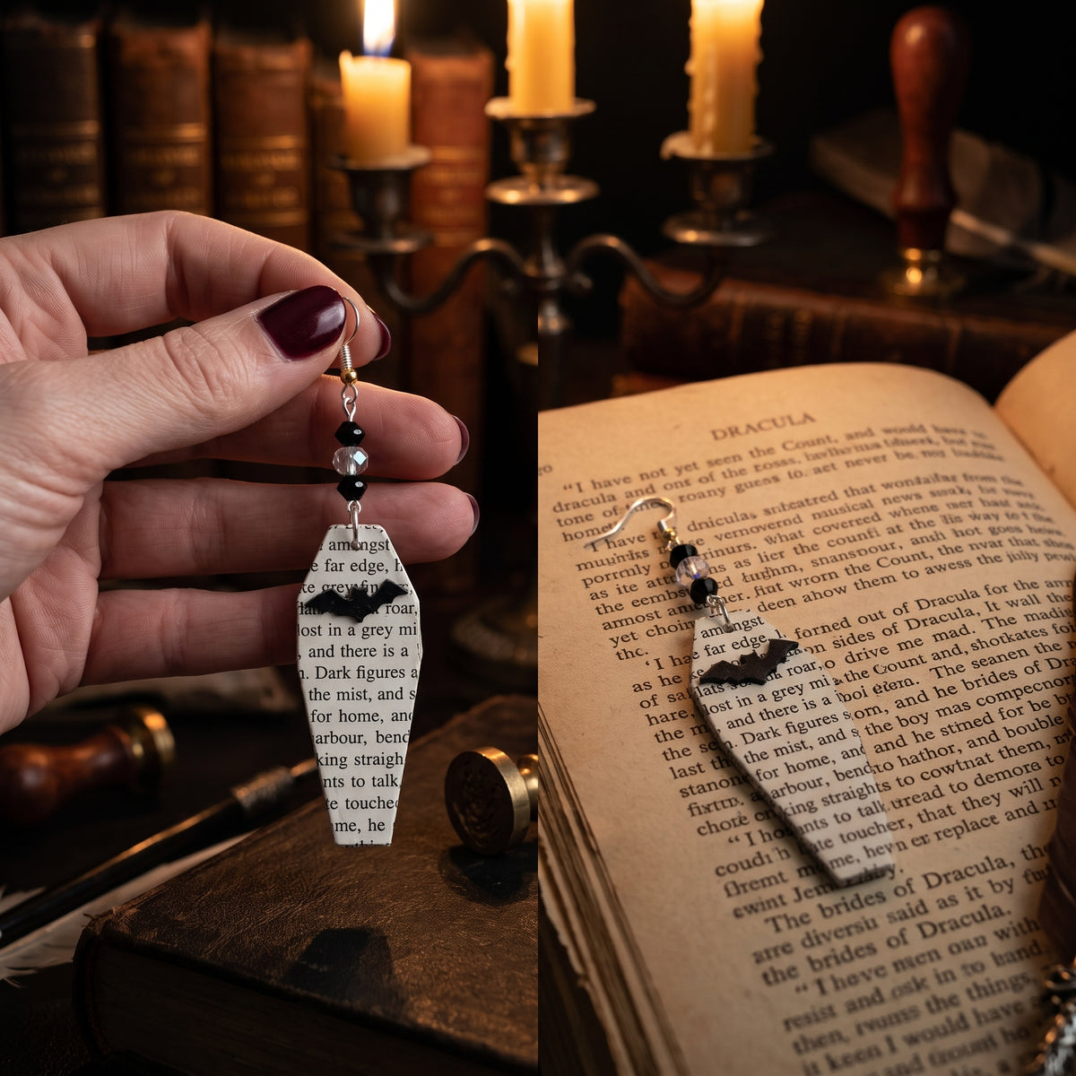 Coffin Book Page Earrings | Gothic Dark Academia Jewelry for Book Lovers