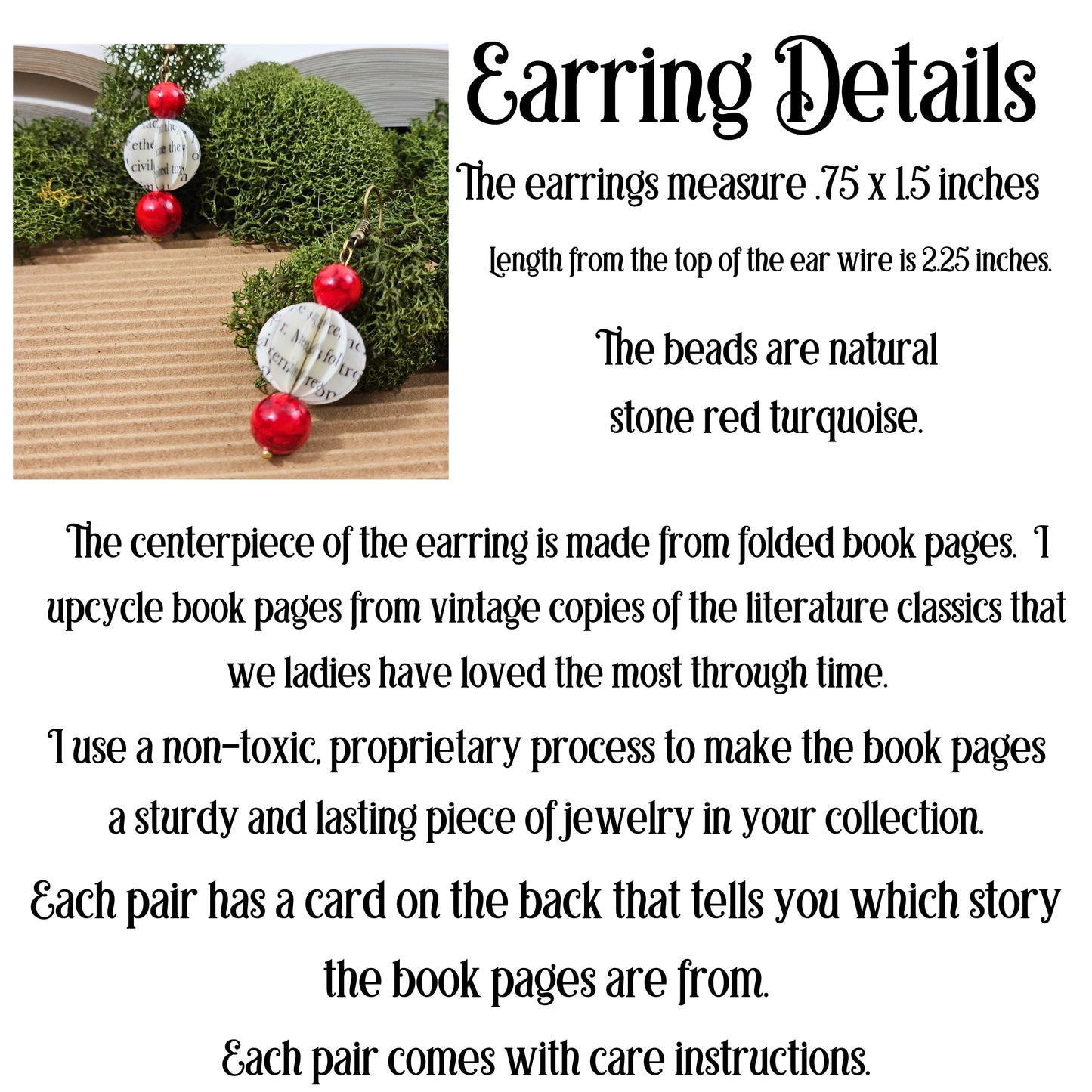 Red Turquoise Book Page Earrings