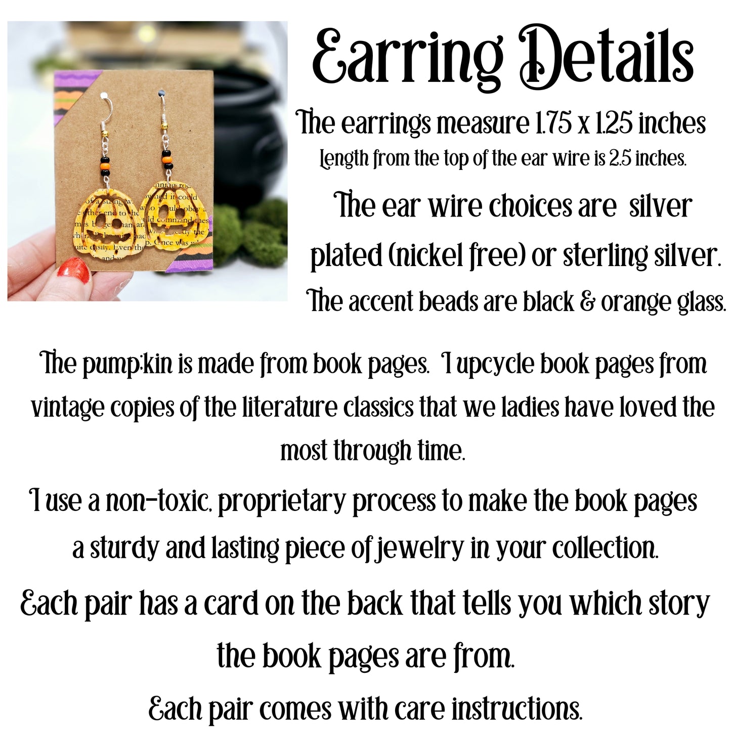 Pumpkin Book Page Dangle Earrings, Book Lover Gift Idea for Halloween