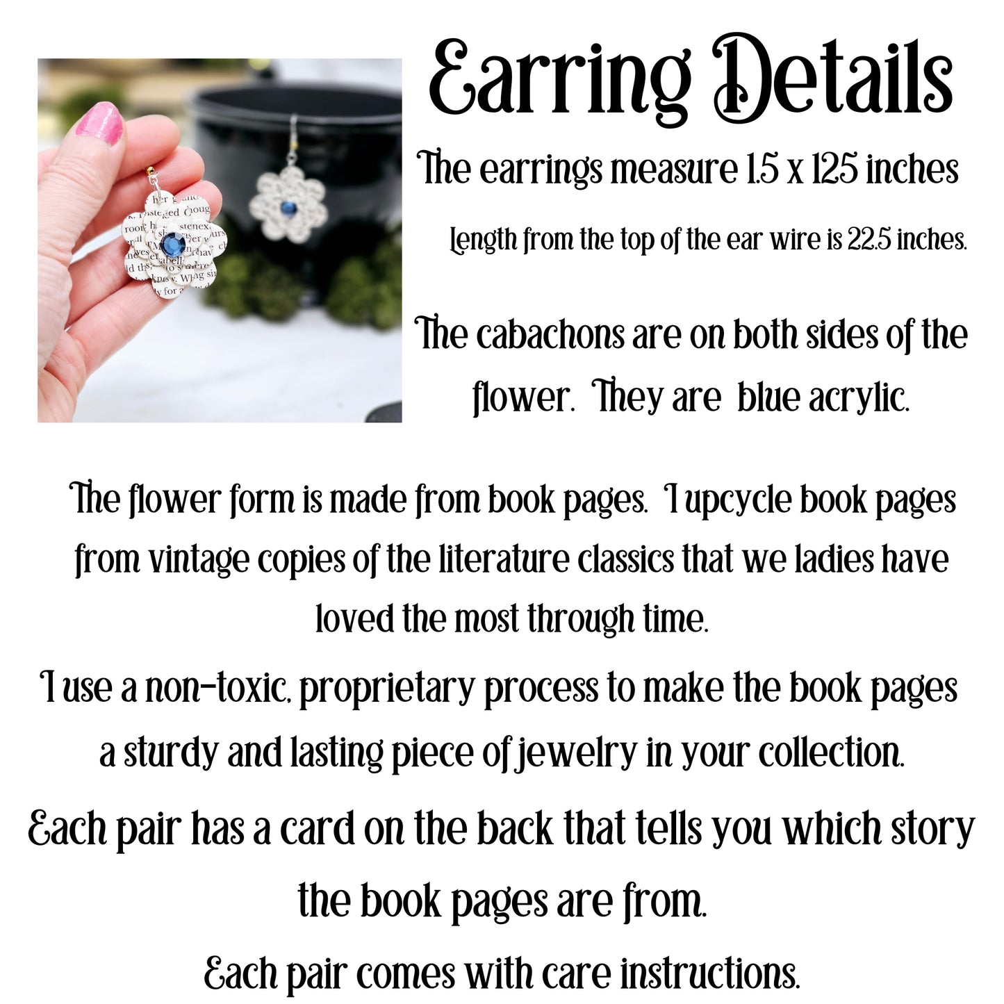 Flower Dangle Book Page Earrings for Teacher Appreciation, Book Lover and Book Club Gift