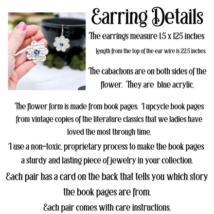 Flower Dangle Book Page Earrings for Teacher Appreciation, Book Lover and Book Club Gift