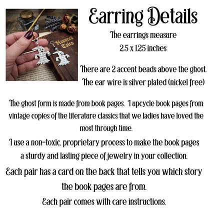 Ghost Book Page Earrings | Halloween Literary Jewelry for Book Lovers