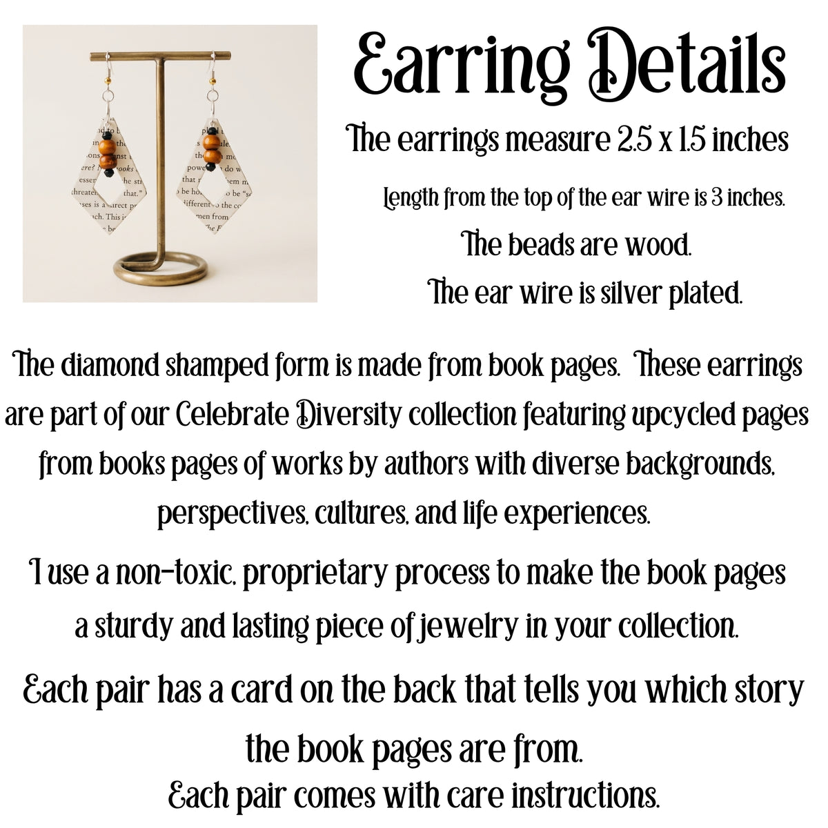 Diversity Book Page Diamond Dangle Earrings with Wood Bead Accents