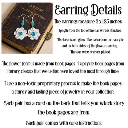 Upcycled Book Page Flower Earrings with Turquoise Glass Beads
