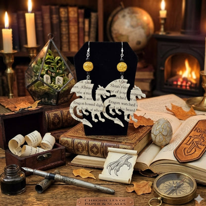 stylized photo of dragon book page earrings