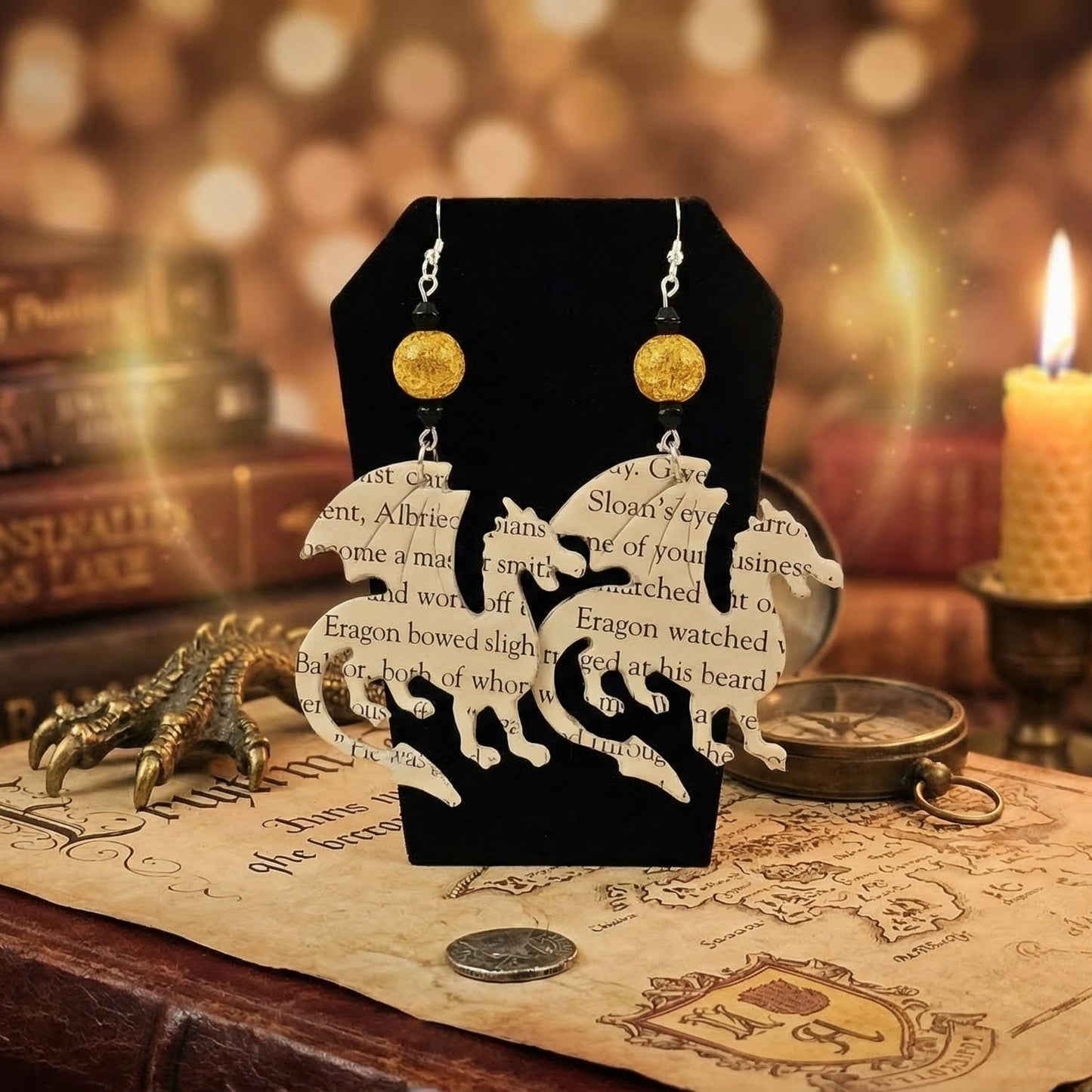 book page dangle earrings for fantasy book lovers