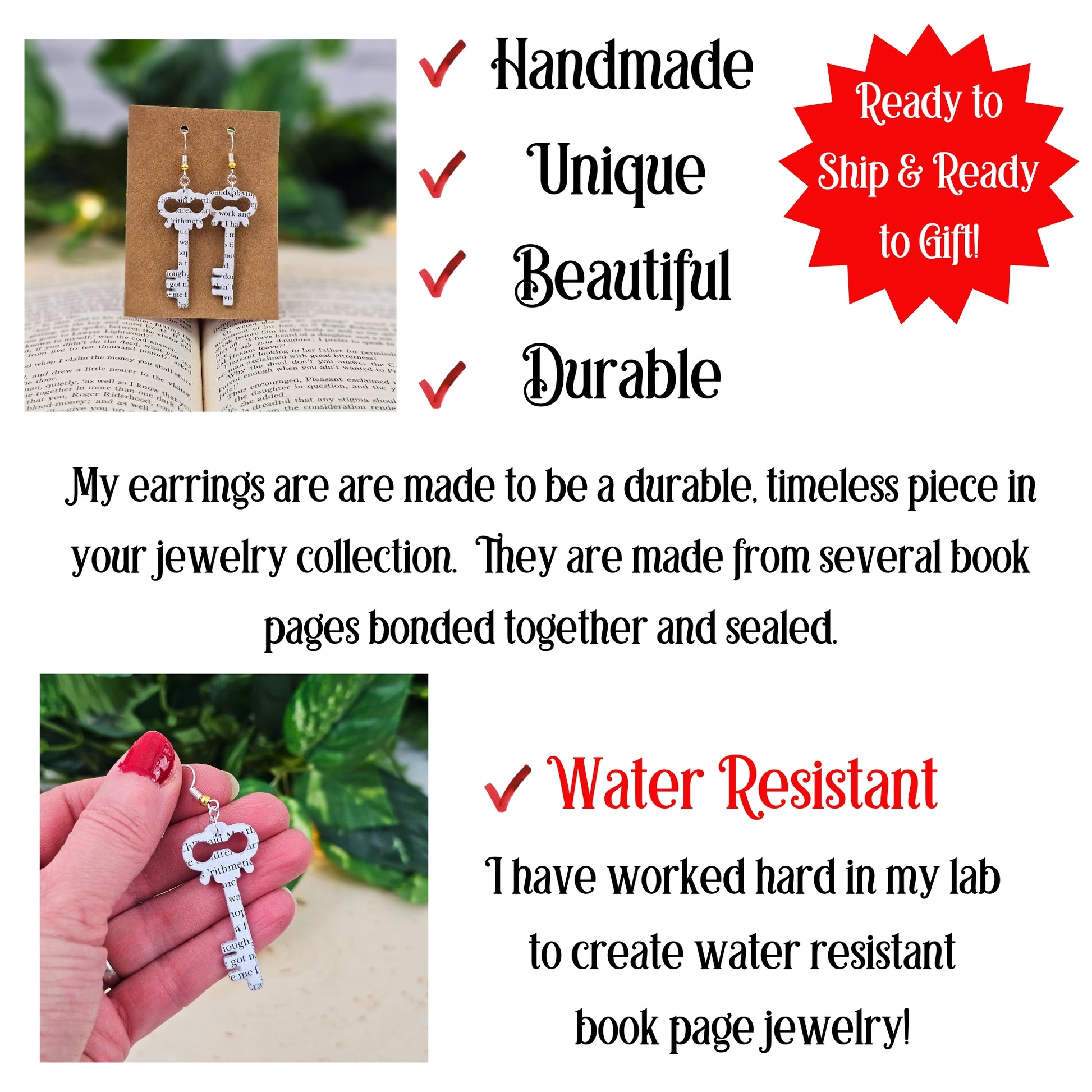 handmade, unique, beautiful, durable.  Book Page Earrings
