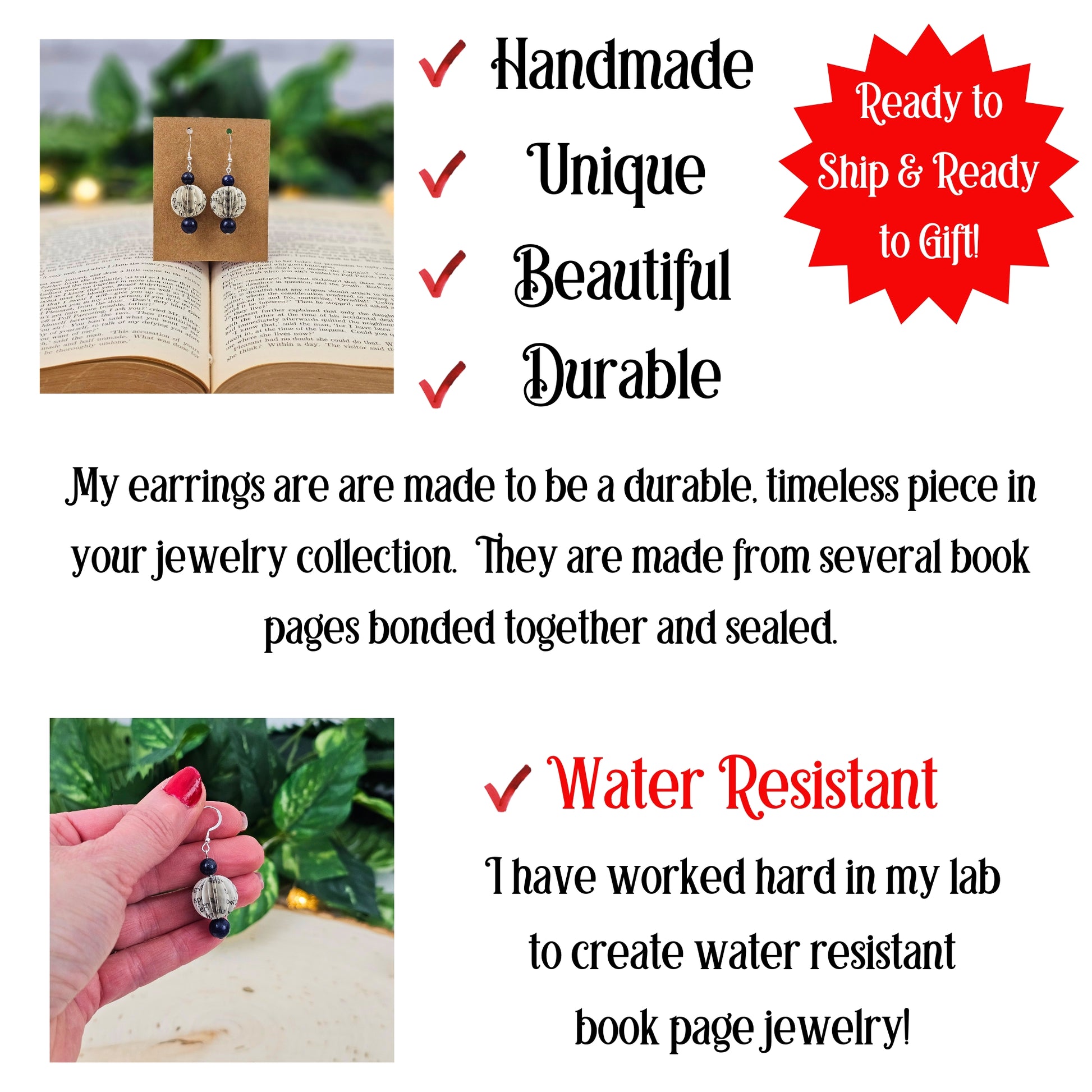 handmade, unique,durable book page earrings.