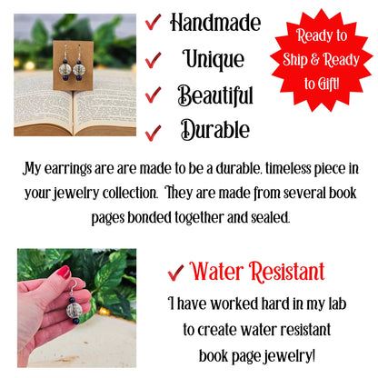 handmade, unique,durable book page earrings.