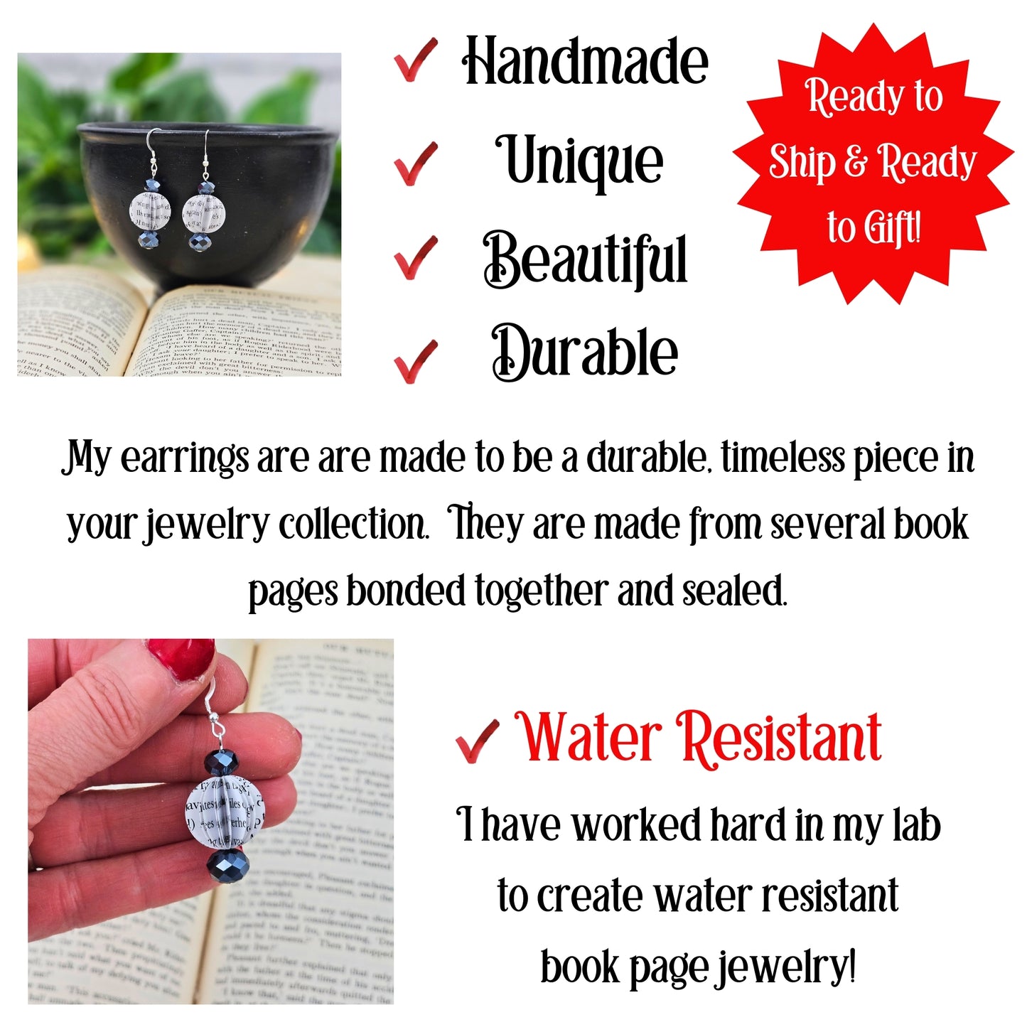 Durable water-resistant book page earrings handcrafted design