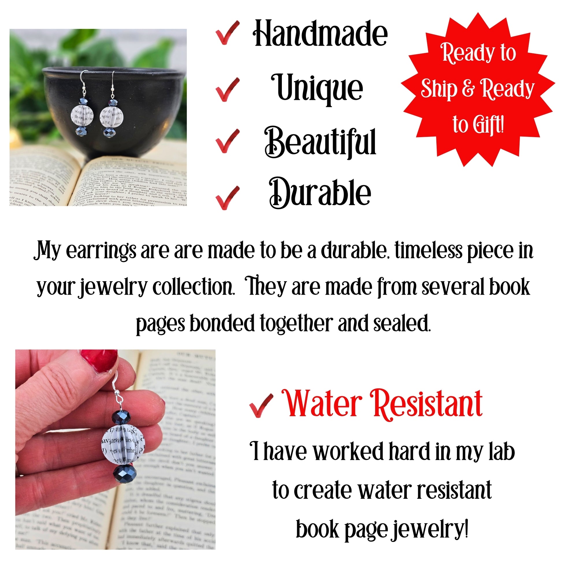 Durable water-resistant book page earrings handcrafted design