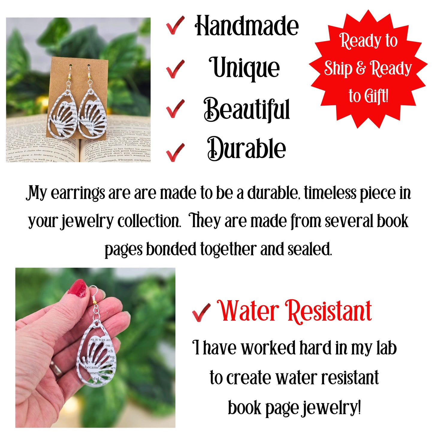 handmade, unique, beautiful, durable - book page earrings