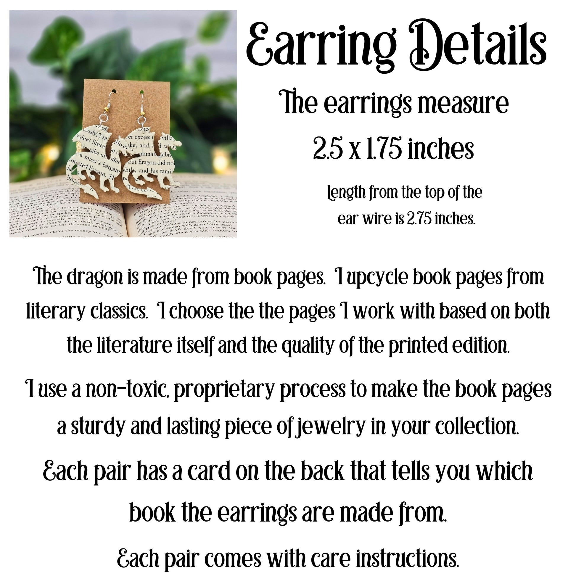 dragon earrings made from book pages; 2.5x1.75 inches