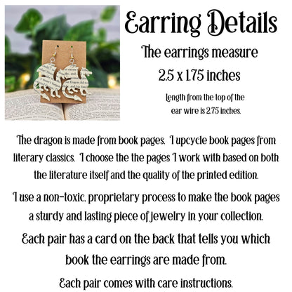 dragon earrings made from book pages; 2.5x1.75 inches