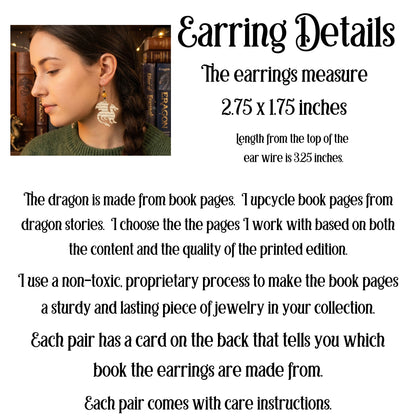 earrings measure 2.75 x 1.75 inches, they are made from books about dragons