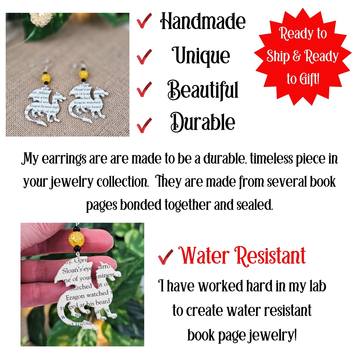 small batch made unique, durable book page earraings in the shape of a dragon
