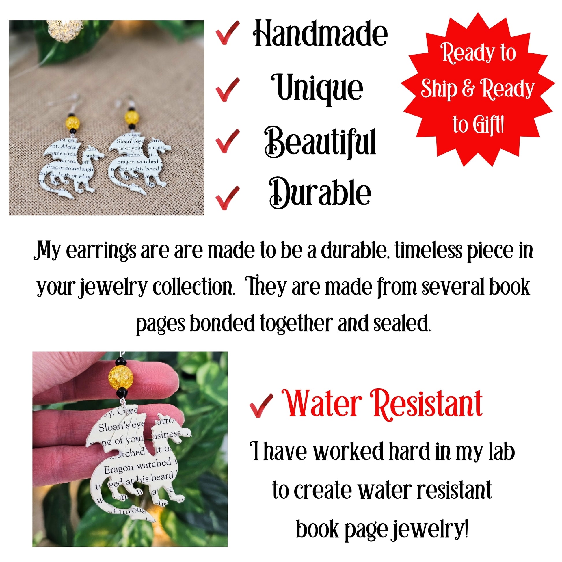 small batch made unique, durable book page earraings in the shape of a dragon