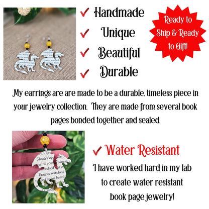 small batch made unique, durable book page earraings in the shape of a dragon