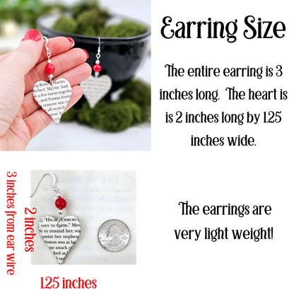 Heart Dangle Book Page Earrings with Red Jade Accent, Gift for Book Lovers, Teachers and Book Clubs