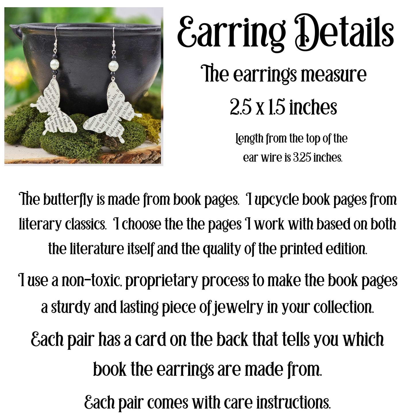 Durable butterfly earrings made from upcycled book pages - detail shot