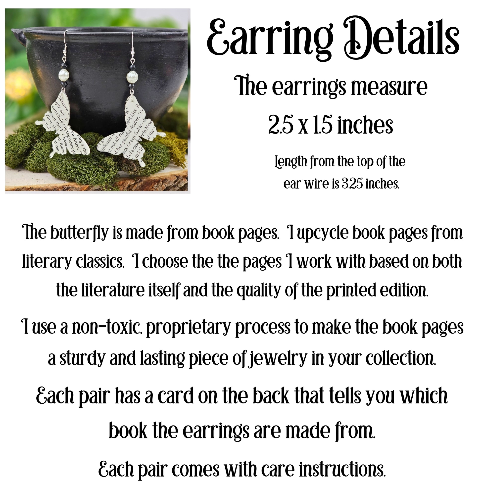 Durable butterfly earrings made from upcycled book pages - detail shot