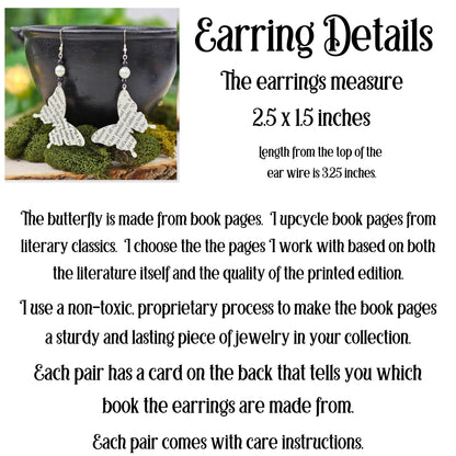 Durable butterfly earrings made from upcycled book pages - detail shot