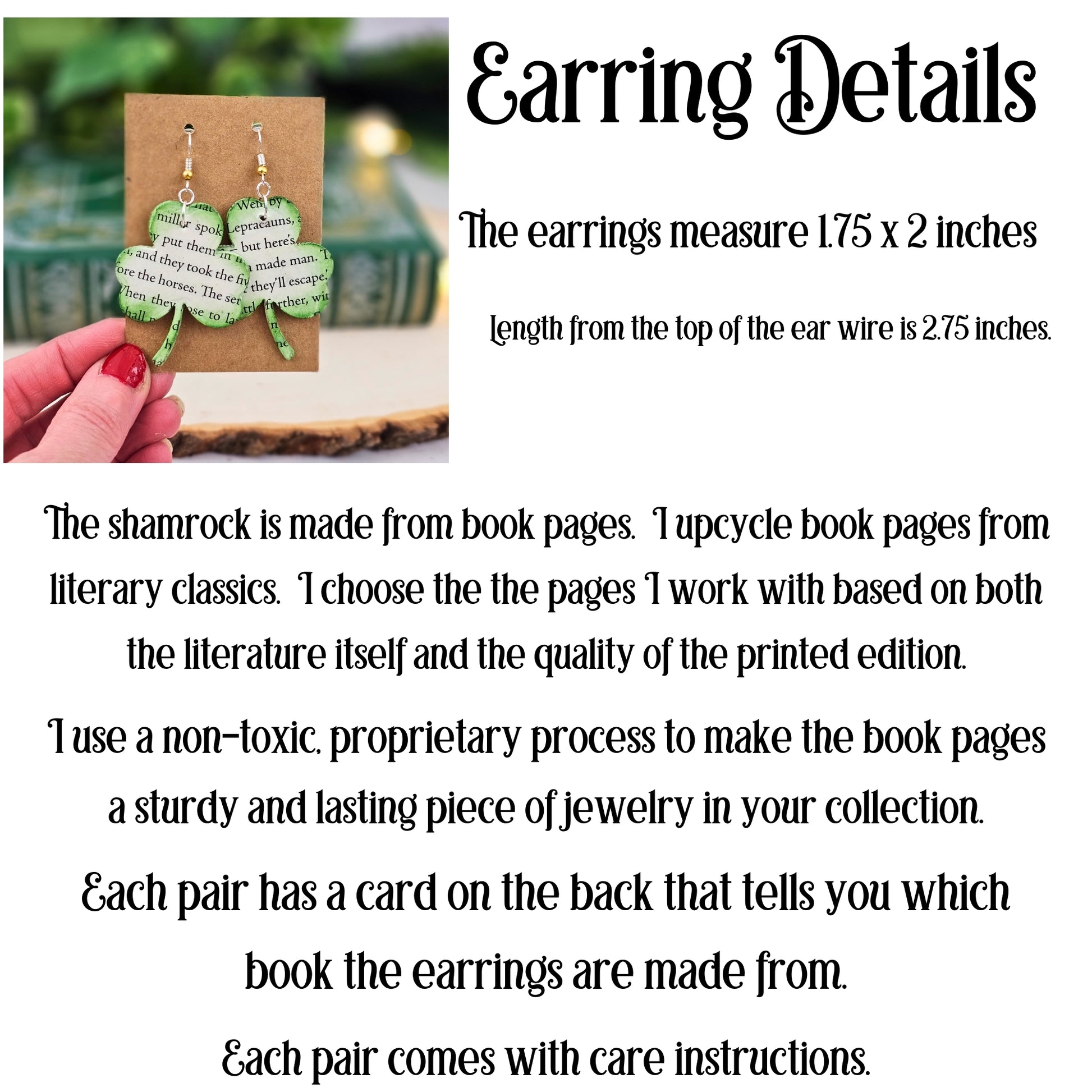 shamrock earrings, 1.75 inches long by 2 inches wide