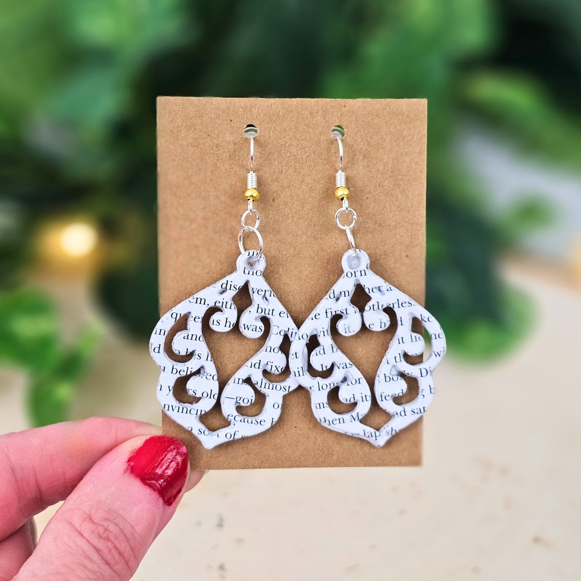 unqiue stencil cut artisan made book page earrings