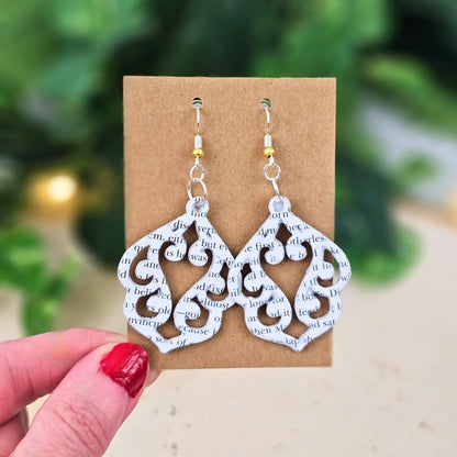 unqiue stencil cut artisan made book page earrings