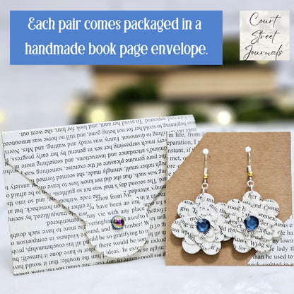 Flower Dangle Book Page Earrings for Teacher Appreciation, Book Lover and Book Club Gift