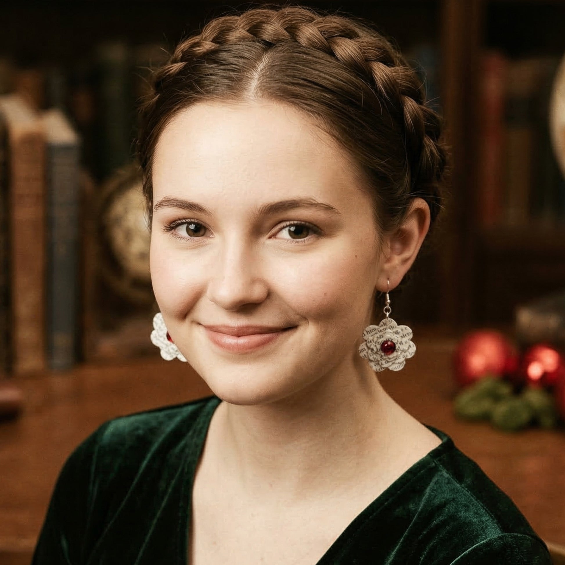 model wearing the book page earrings.