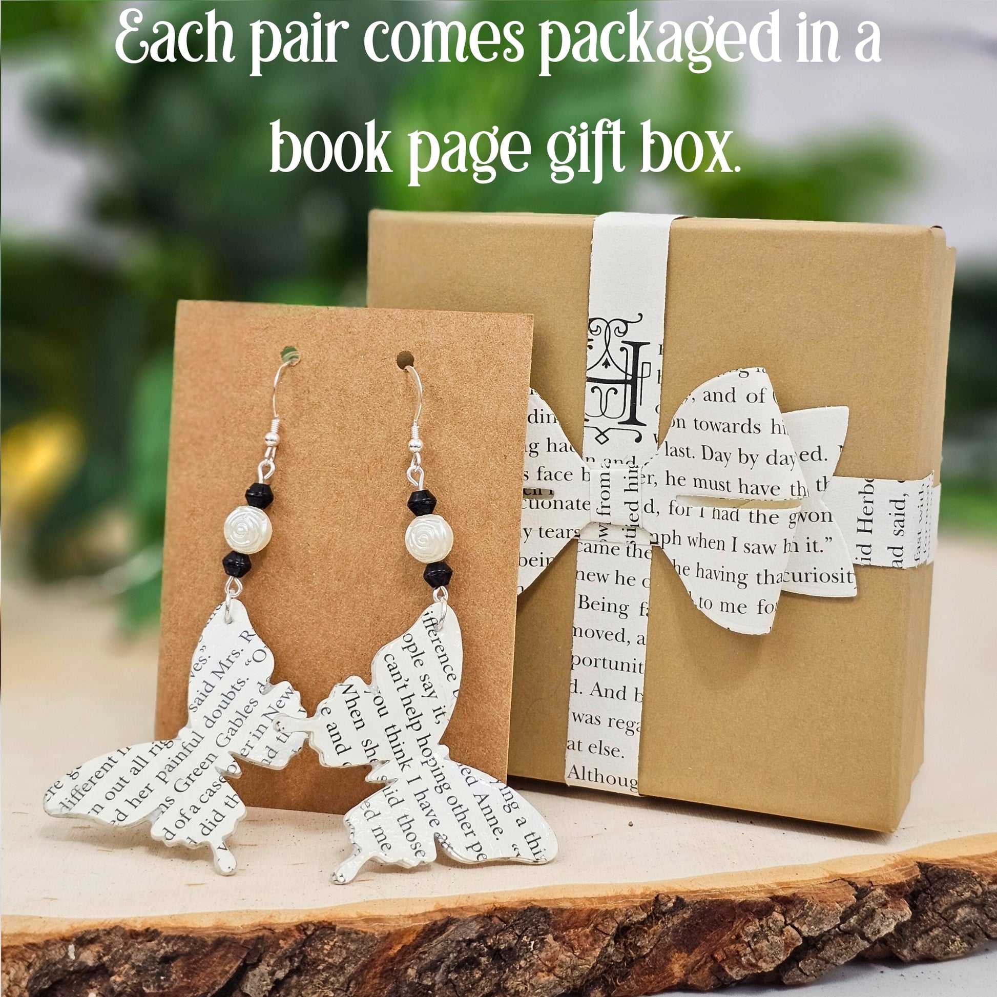 Unique butterfly book page earrings - handmade literary jewelry