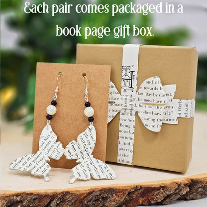 Unique butterfly book page earrings - handmade literary jewelry