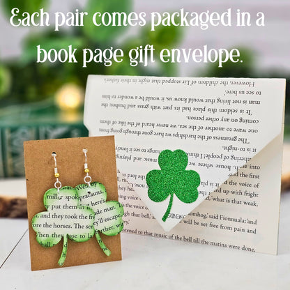 shamrock earrings come with a book page gifting envelope