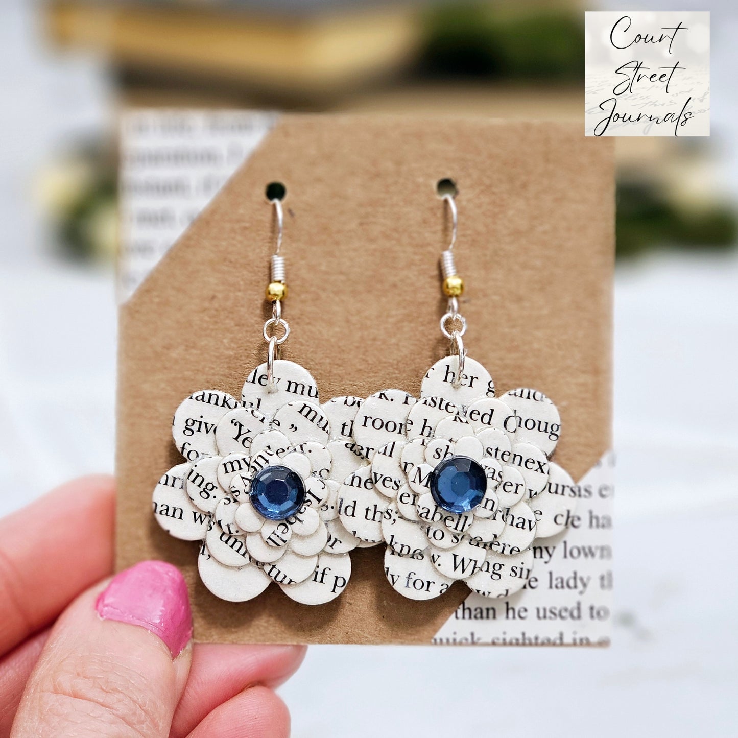 Flower Dangle Book Page Earrings for Teacher Appreciation, Book Lover and Book Club Gift