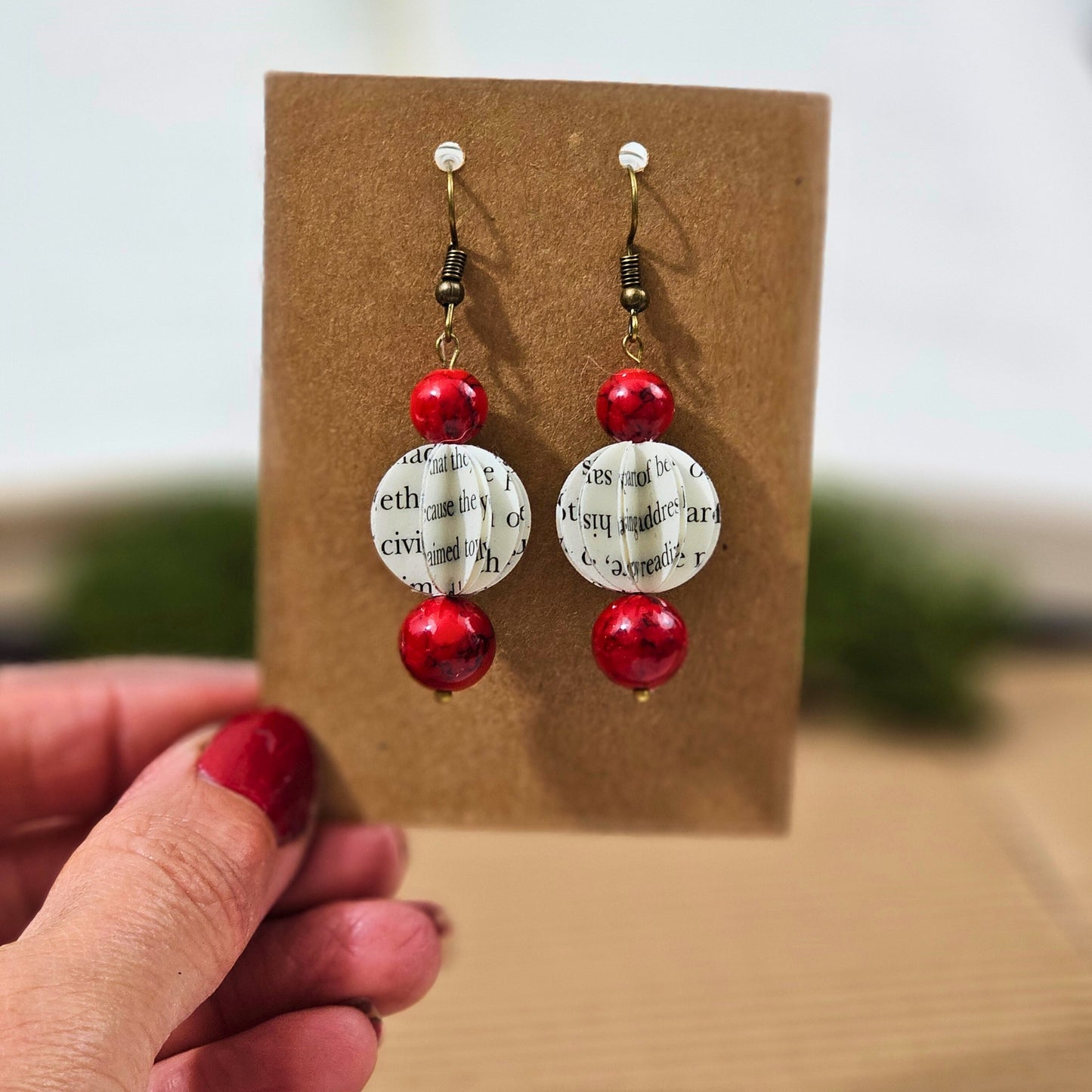 Red Turquoise Book Page Earrings
