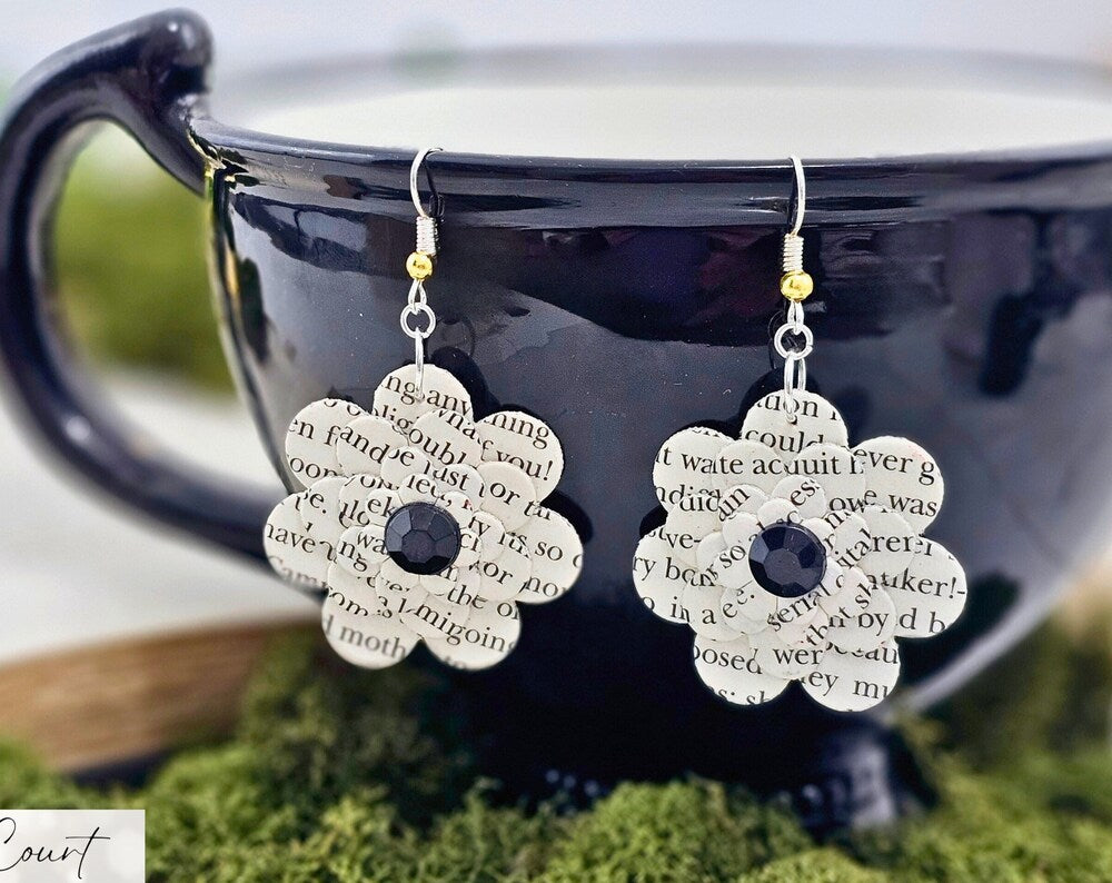 Flower Dangle Book Page Earrings