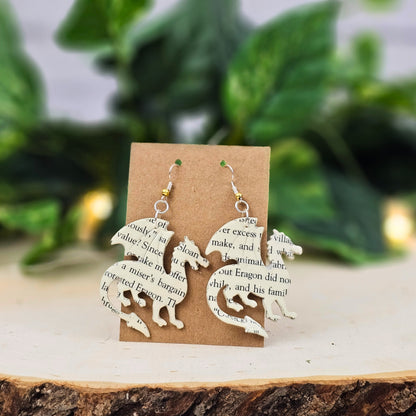 dragon dangle earrings made from book pages