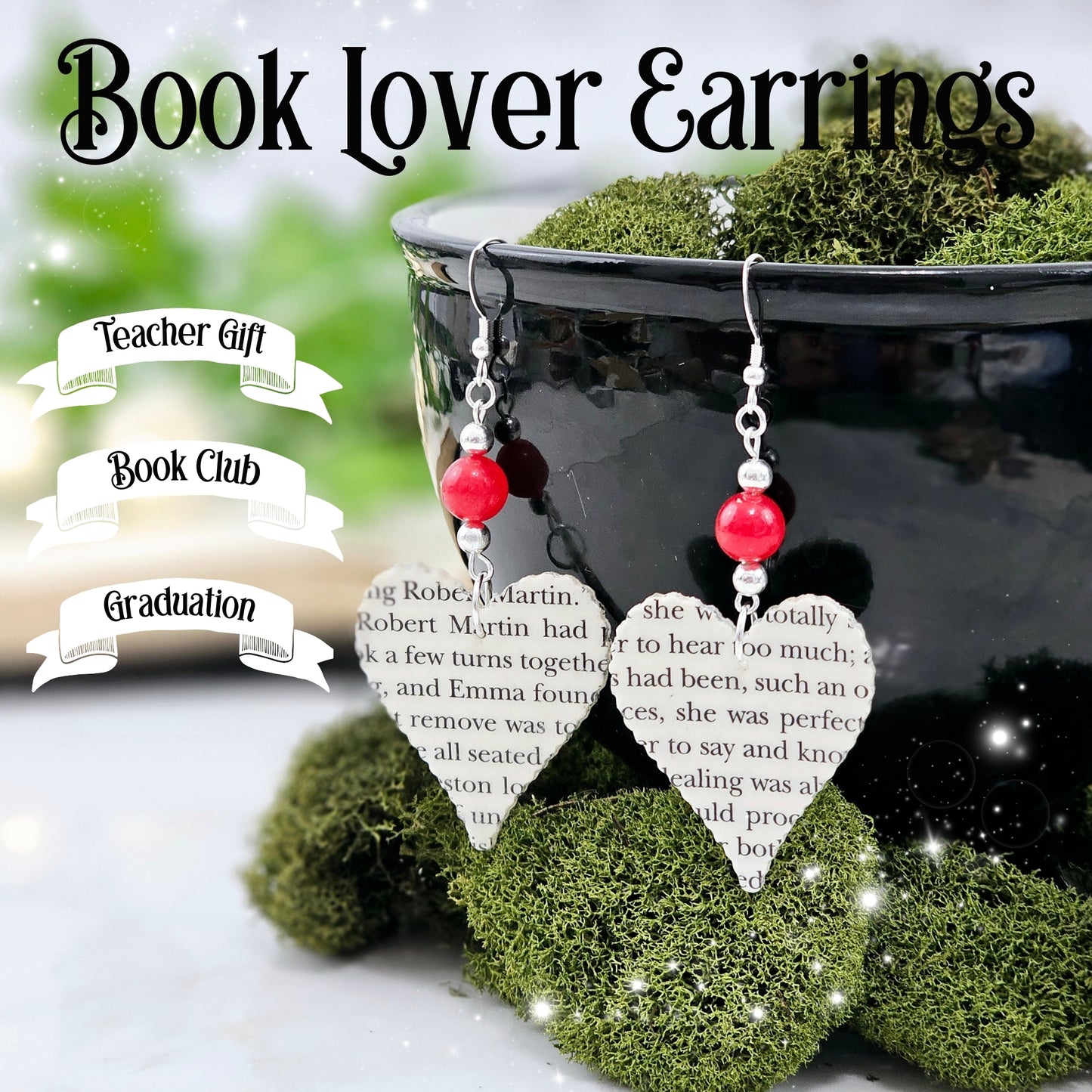 Heart Dangle Book Page Earrings with Red Jade Accent, Gift for Book Lovers, Teachers and Book Clubs