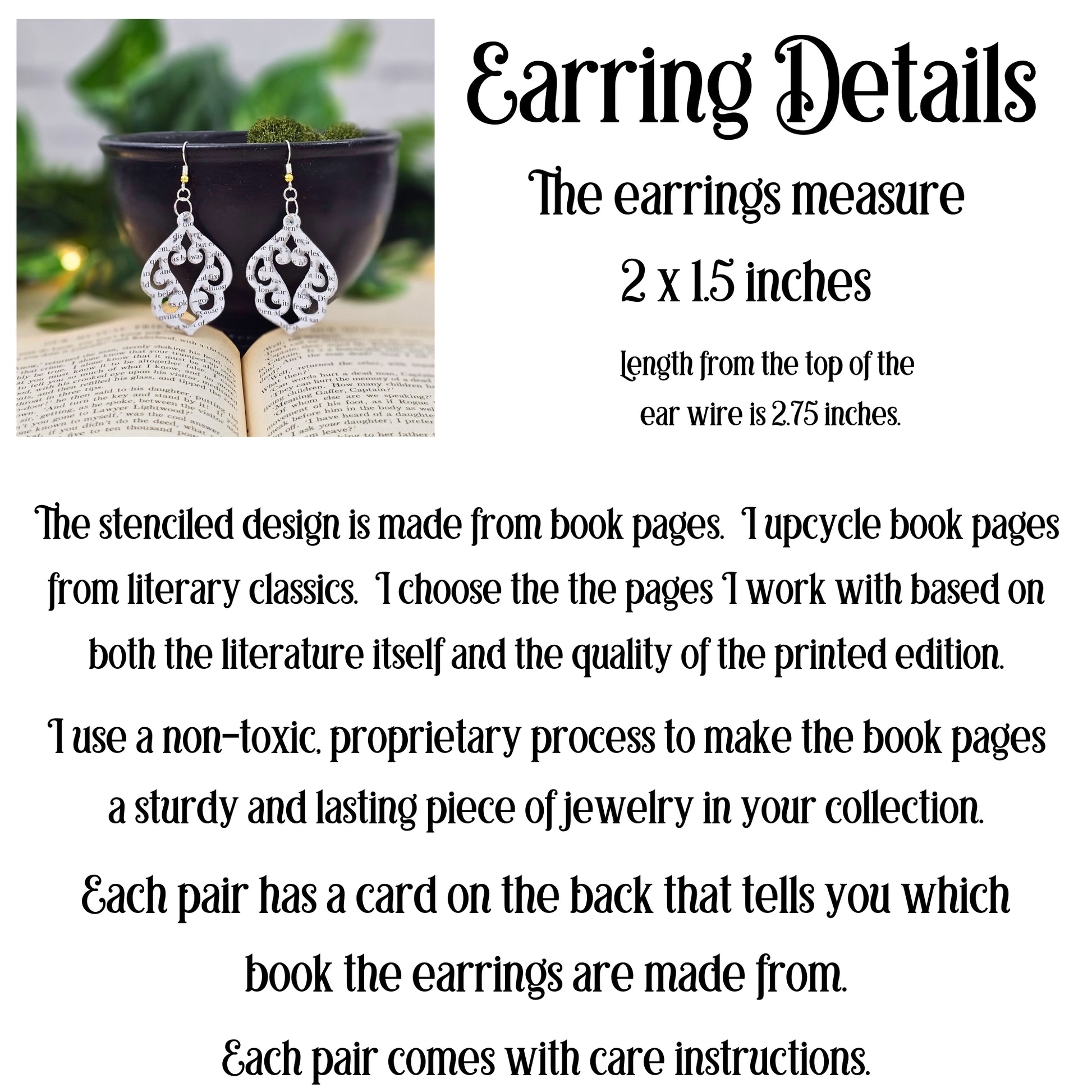 Book page EArrings that are 2 inches long by  1.5 inch wide.  made from literary classics
