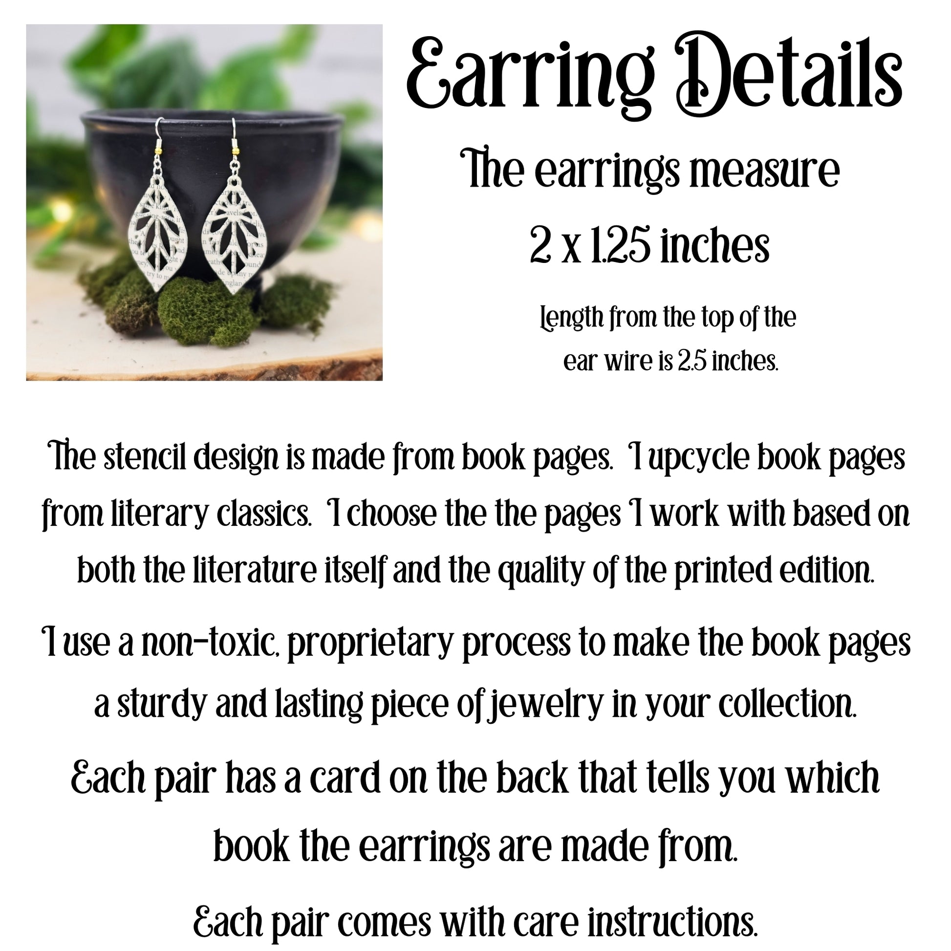 book page dangle earrings, made from literary classics
