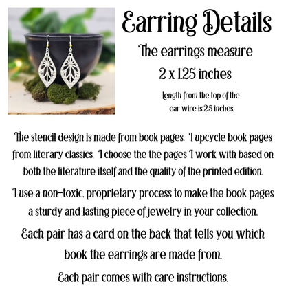 book page dangle earrings, made from literary classics
