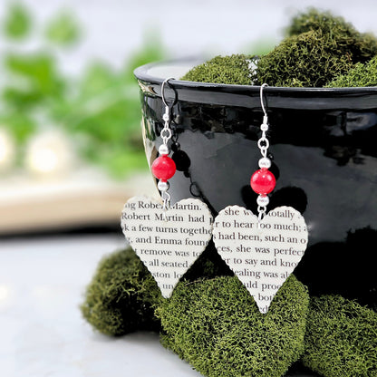 Heart Dangle Book Page Earrings with Red Jade Accent, Gift for Book Lovers, Teachers and Book Clubs