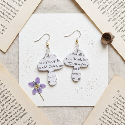Book page earrings in the shape of a mushroom for book lover gifts
