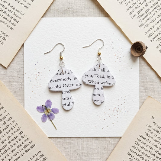 Book page earrings in the shape of a mushroom for book lover gifts
