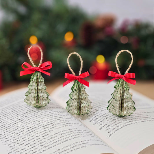 Tiny Book Page Christmas Tree Ornaments, Set of 3