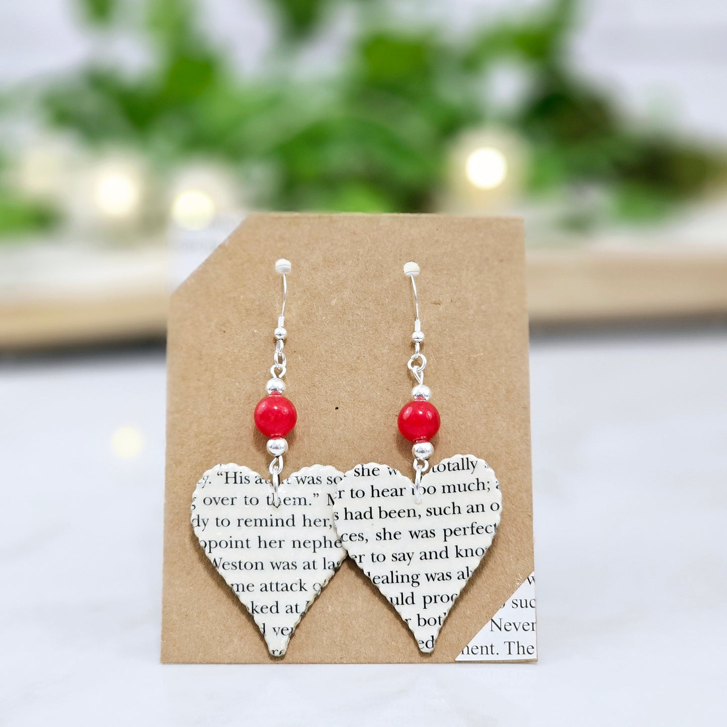 Heart Dangle Book Page Earrings with Red Jade Accent, Gift for Book Lovers, Teachers and Book Clubs