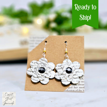 Flower Dangle Book Page Earrings