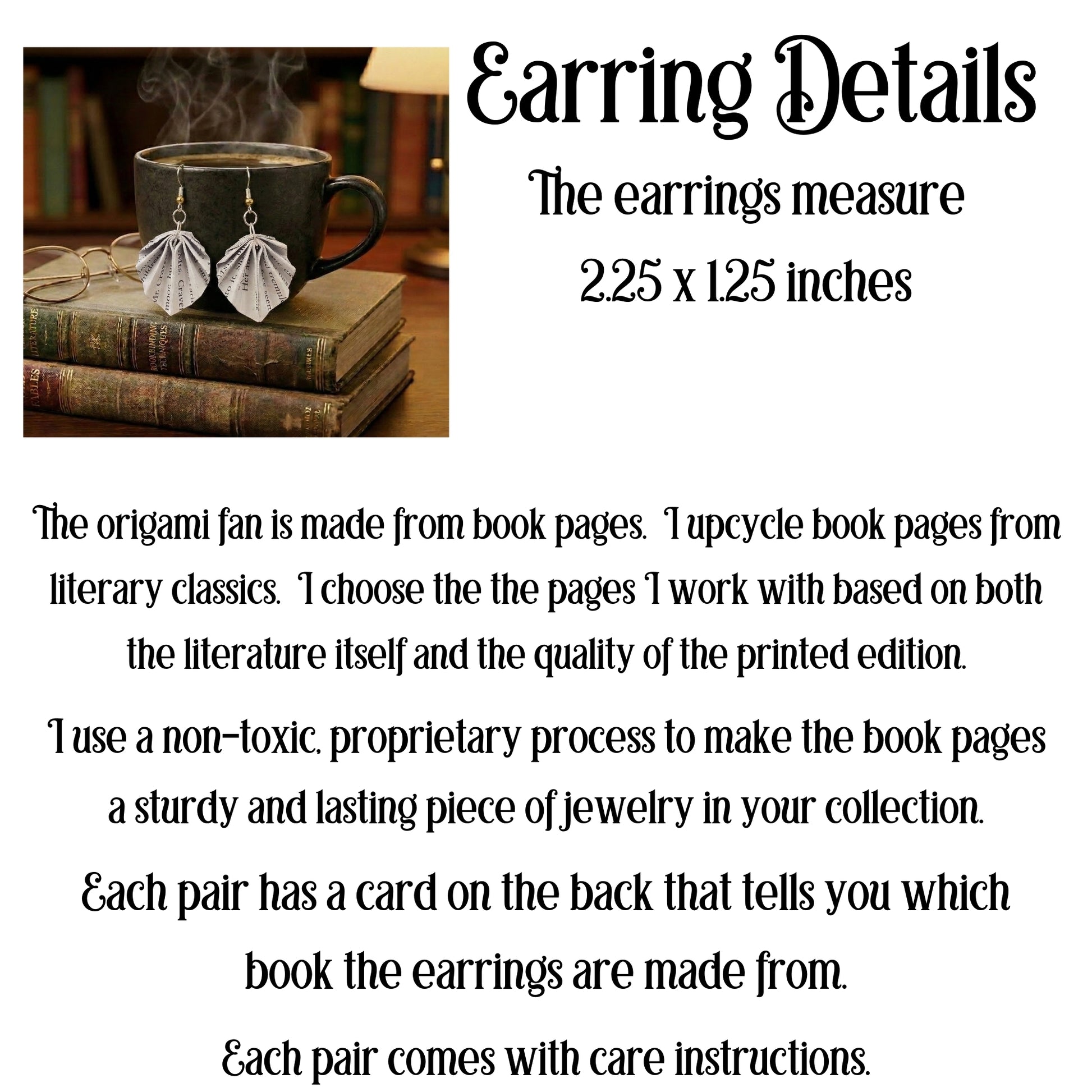 origami fan dangle book page earrings, measure 2.25 inches long x 1.25 inches wide